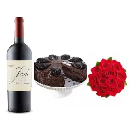 12 Red Roses, Cabernet Wine & Mousse Cake