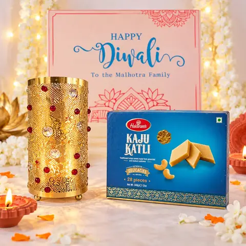 Kaju Katli, Lamp & Happy Diwali Wishes