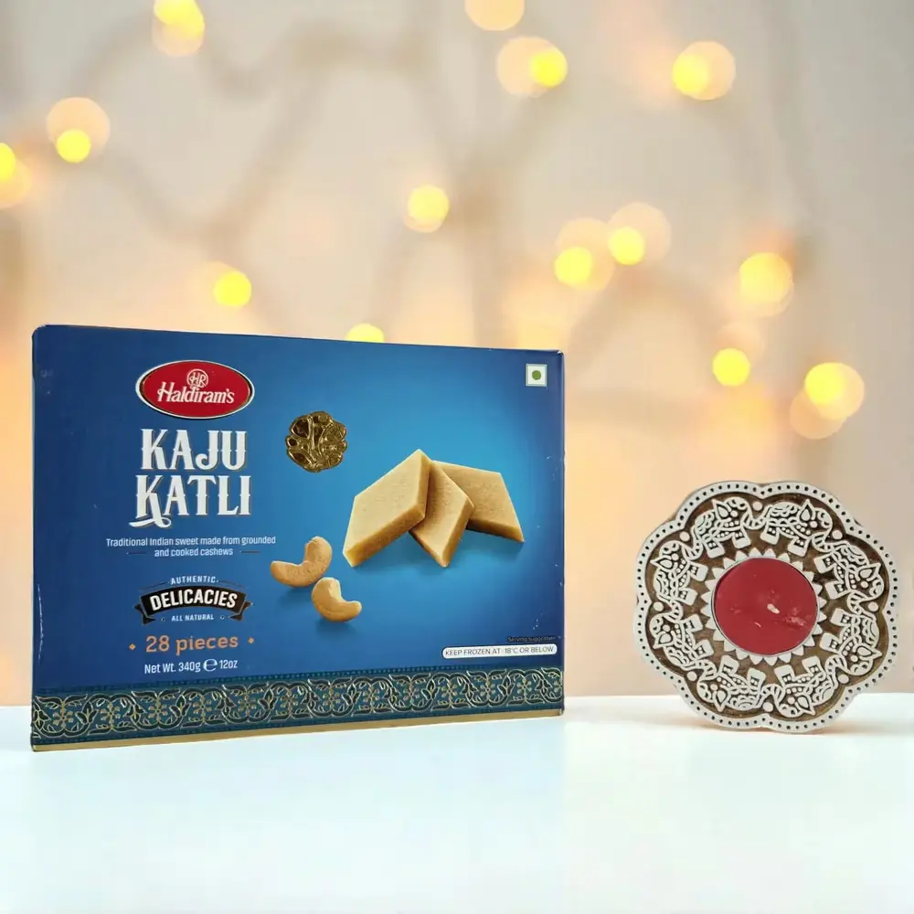 Handcrafted Wooden Diya with Kaju Katli