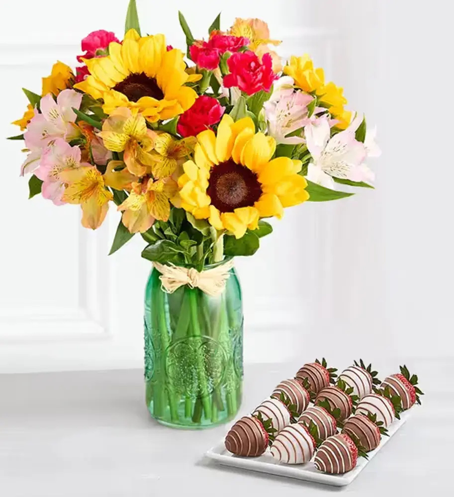 Sunset Glow Bouquet & Drizzled Strawberries