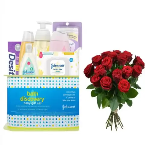 12 Red Roses & Baby Bath Gift Set