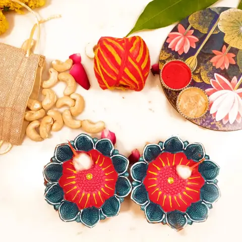 Pooja Thali, Diyas, Cashews & Tika