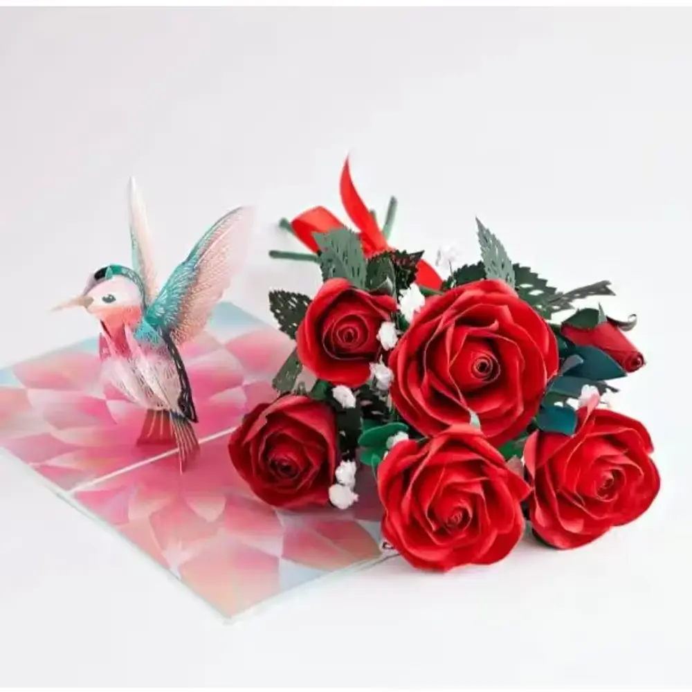Six Paper Roses with Hummingbird Card