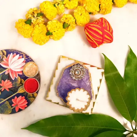 Marble Diya & Pooja Thali Set