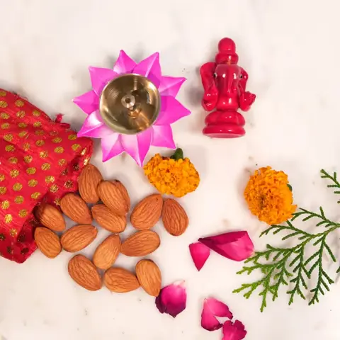 Ganesha Idol, Almonds & Metallic Diya