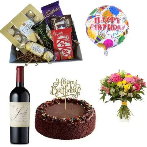 Birthday Hamper with Cake, Wine & Flowers