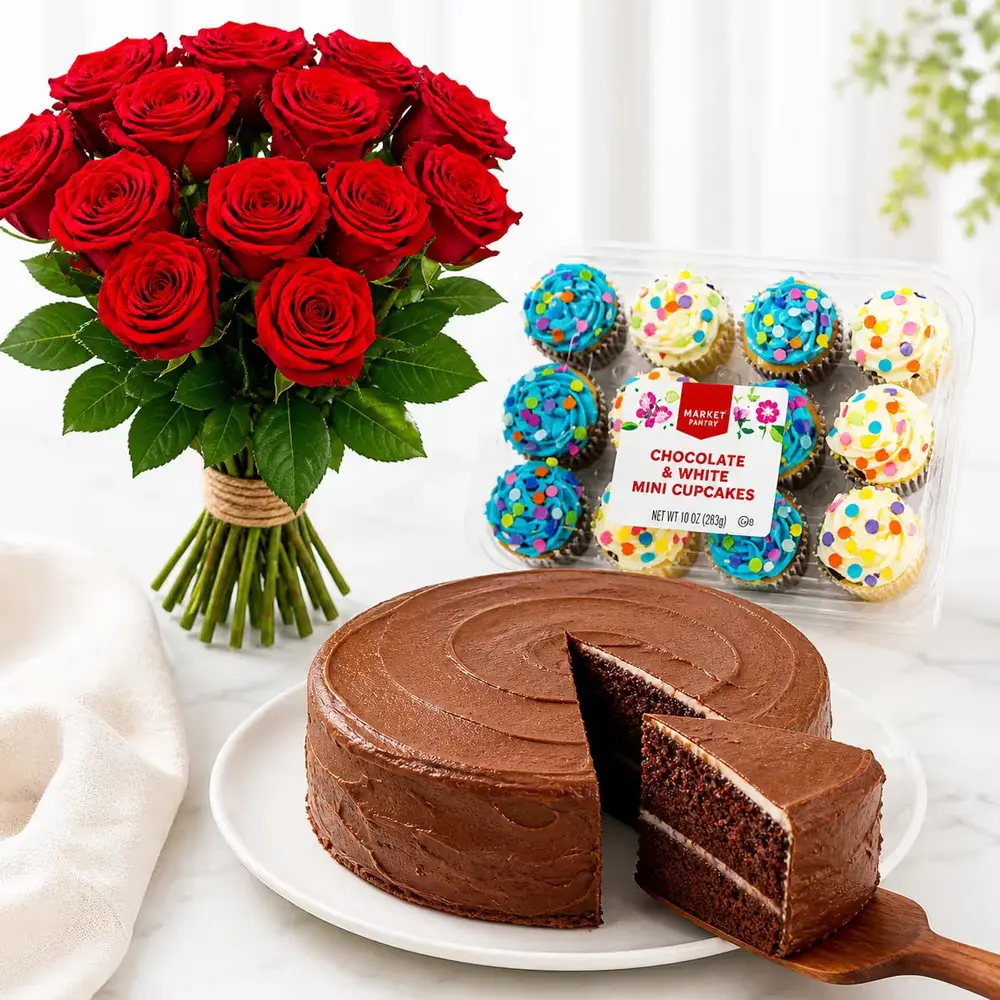 Chocolate Cake, 12 Roses & Cupcake Combo