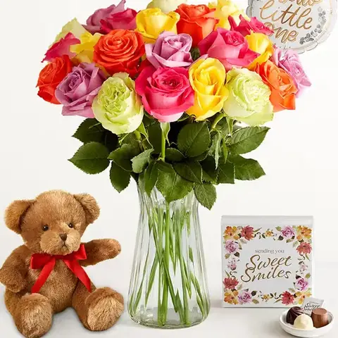 Rainbow Roses with Hello Little One Balloon