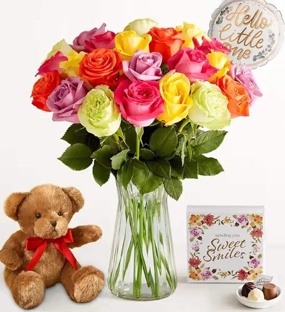 Rainbow Roses with Hello Little One Balloon