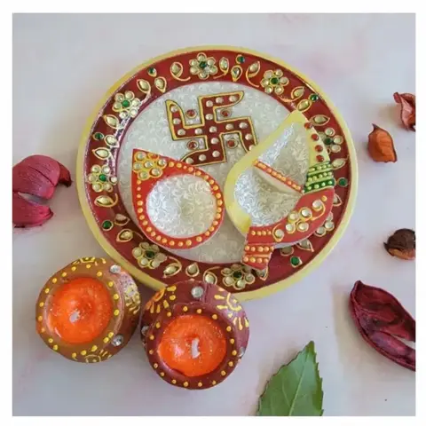 Marble Pooja Thali & Two Diyas