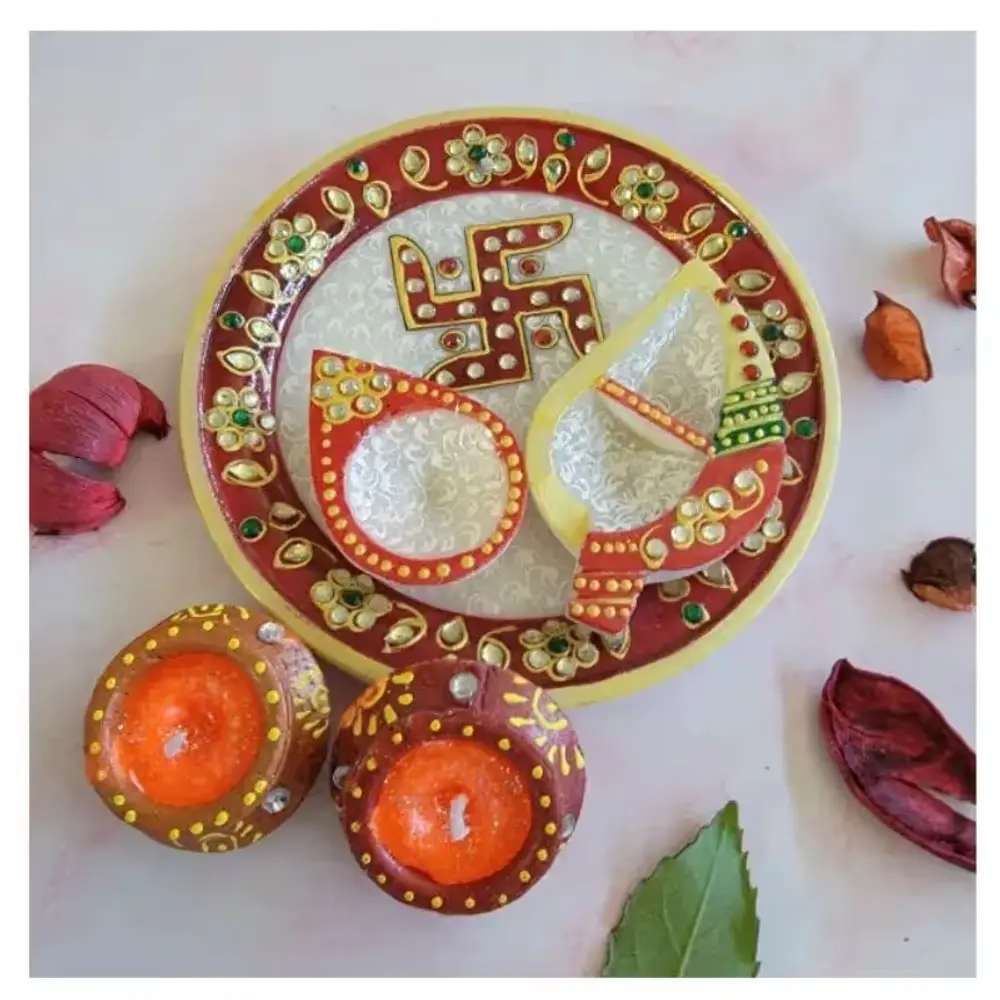 Marble Pooja Thali & Two Diyas