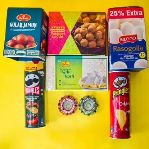 Designer Diyas, Indian Sweets & Pringles
