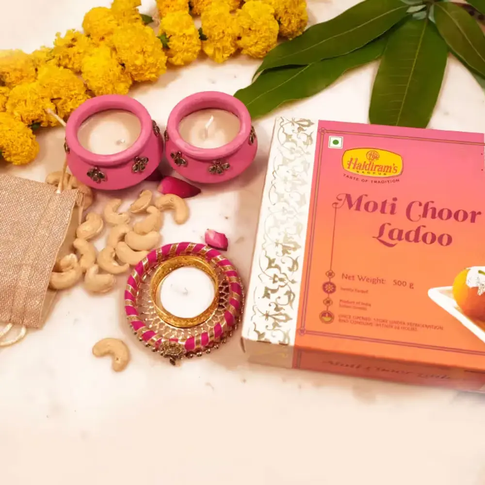 Motichoor Laddoo, Three Diyas & Cashews