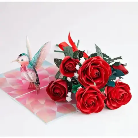 Paper Rose Bouquet & Hummingbird Card