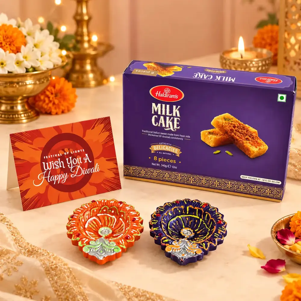 Two Designer Diyas & Milk Cake