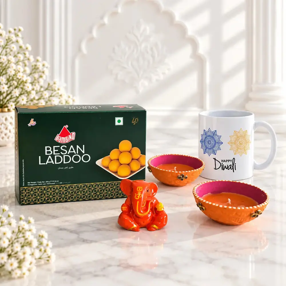 Ganesha, Diyas, Besan Laddoo & Mug