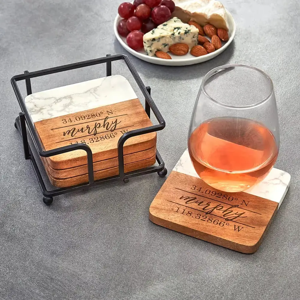 Personalized Coordinates Marble & Wood Coasters