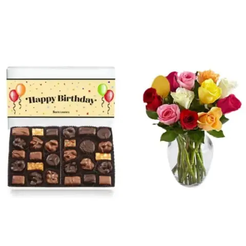 Rainbow Roses & Birthday Chocolates Combo